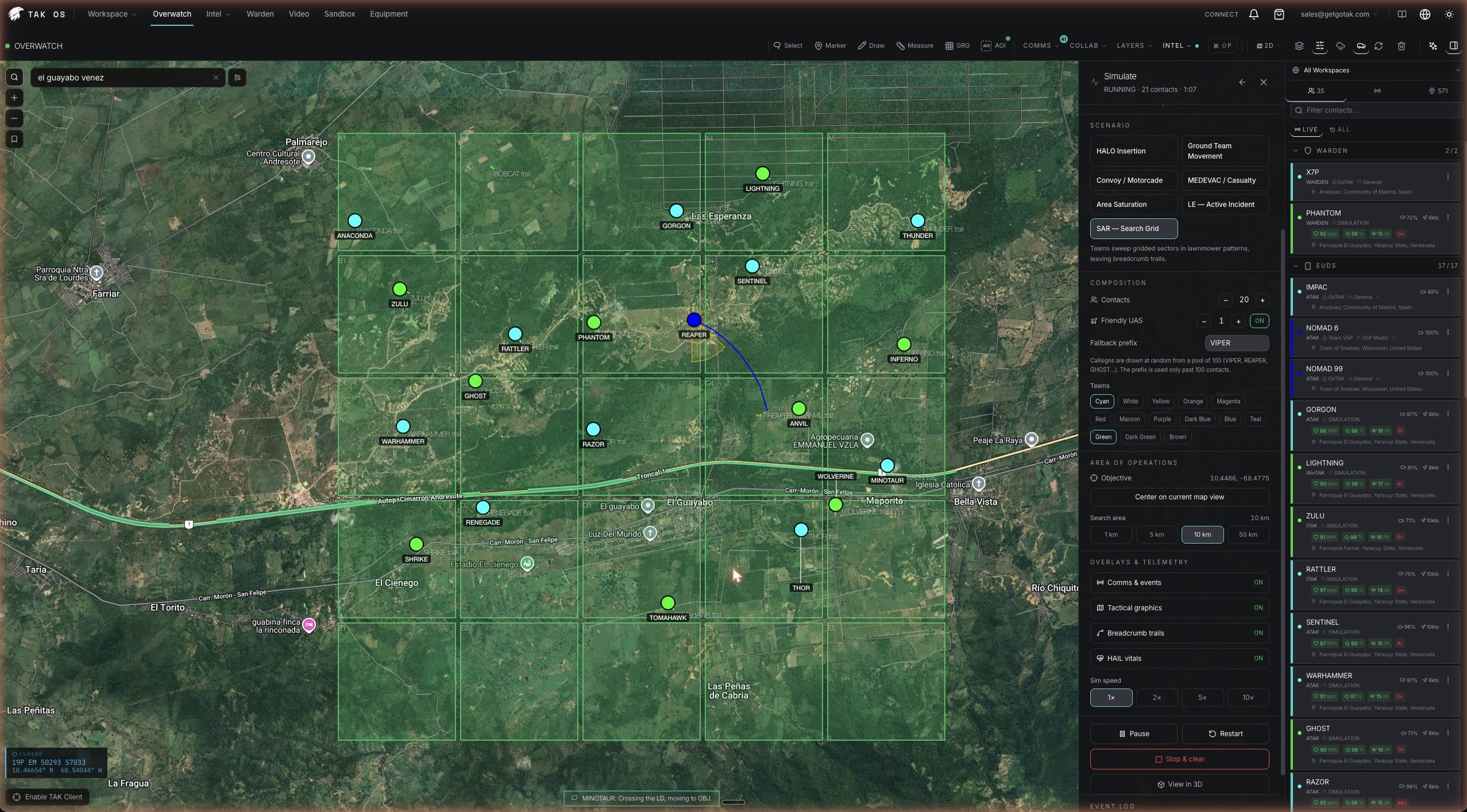TAK_OS map showing a search-and-rescue grid and team positions in a simulated operation