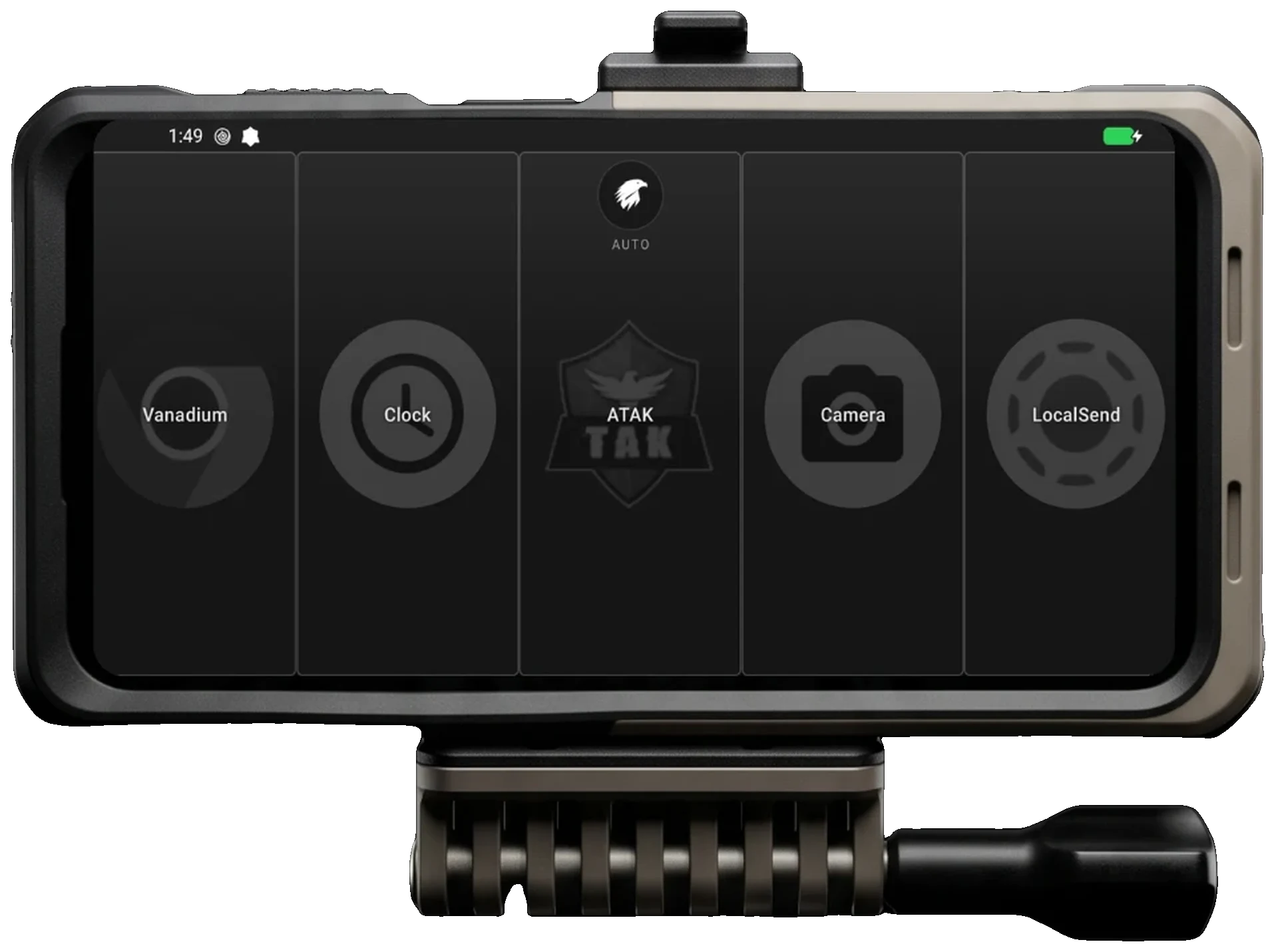 A GoTAK EUD in its case showing the GoTAK Launcher home screen with ATAK in the centre