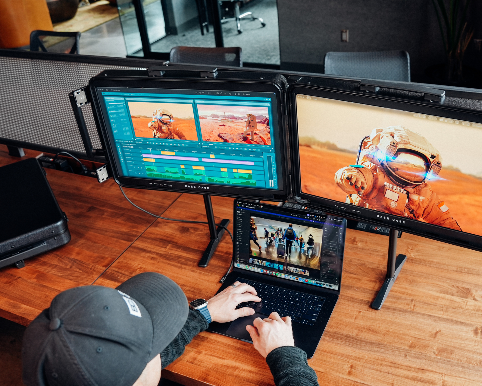 Operator working across dual 4K screens with a laptop as the third display