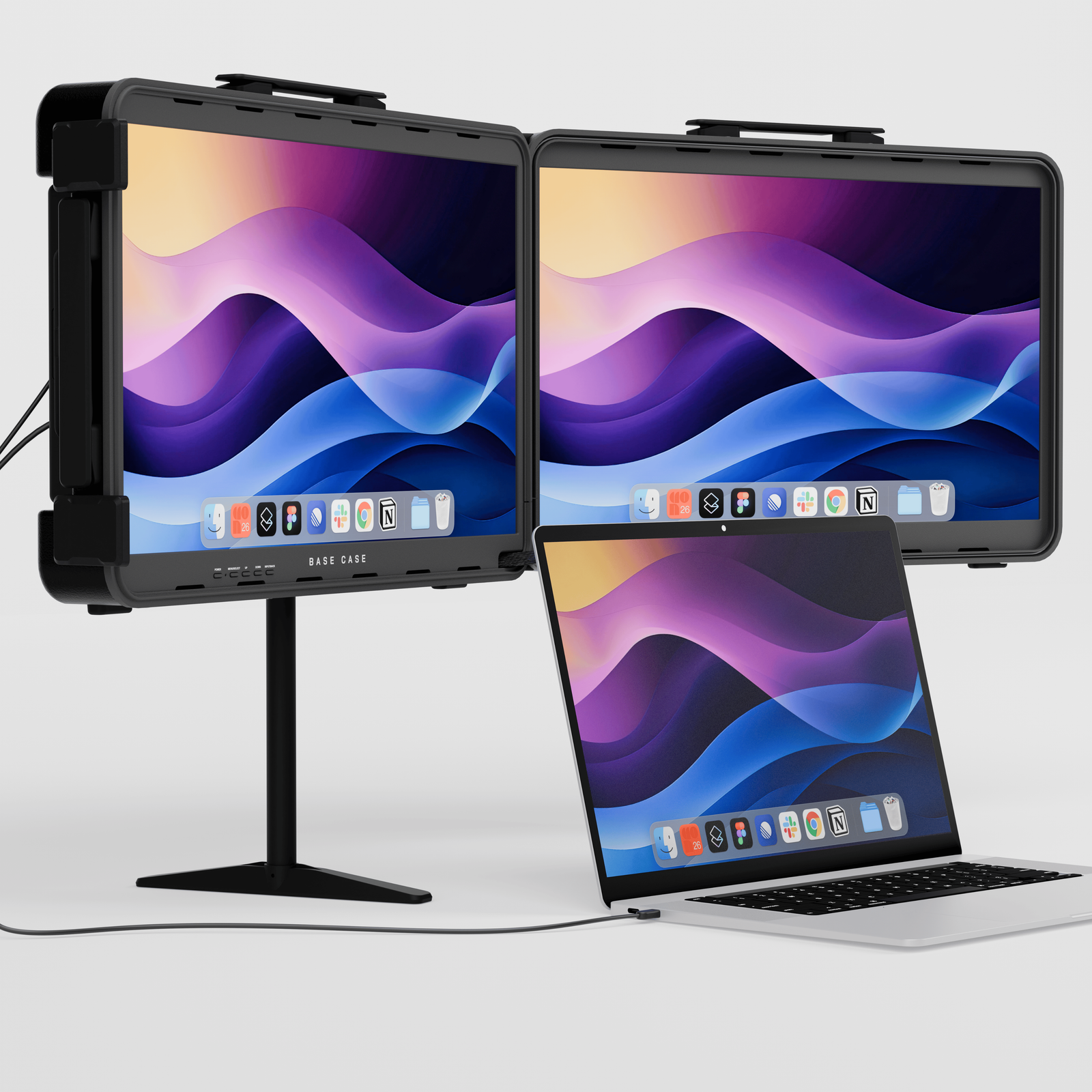 Base Case deployed — dual 24-inch 4K displays raised above a laptop