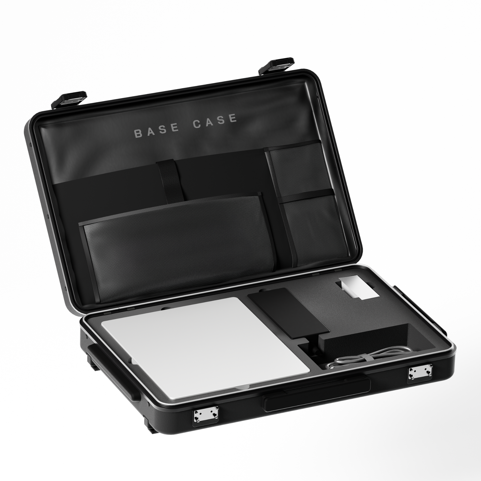 Detachable brief case open, holding a laptop and accessories