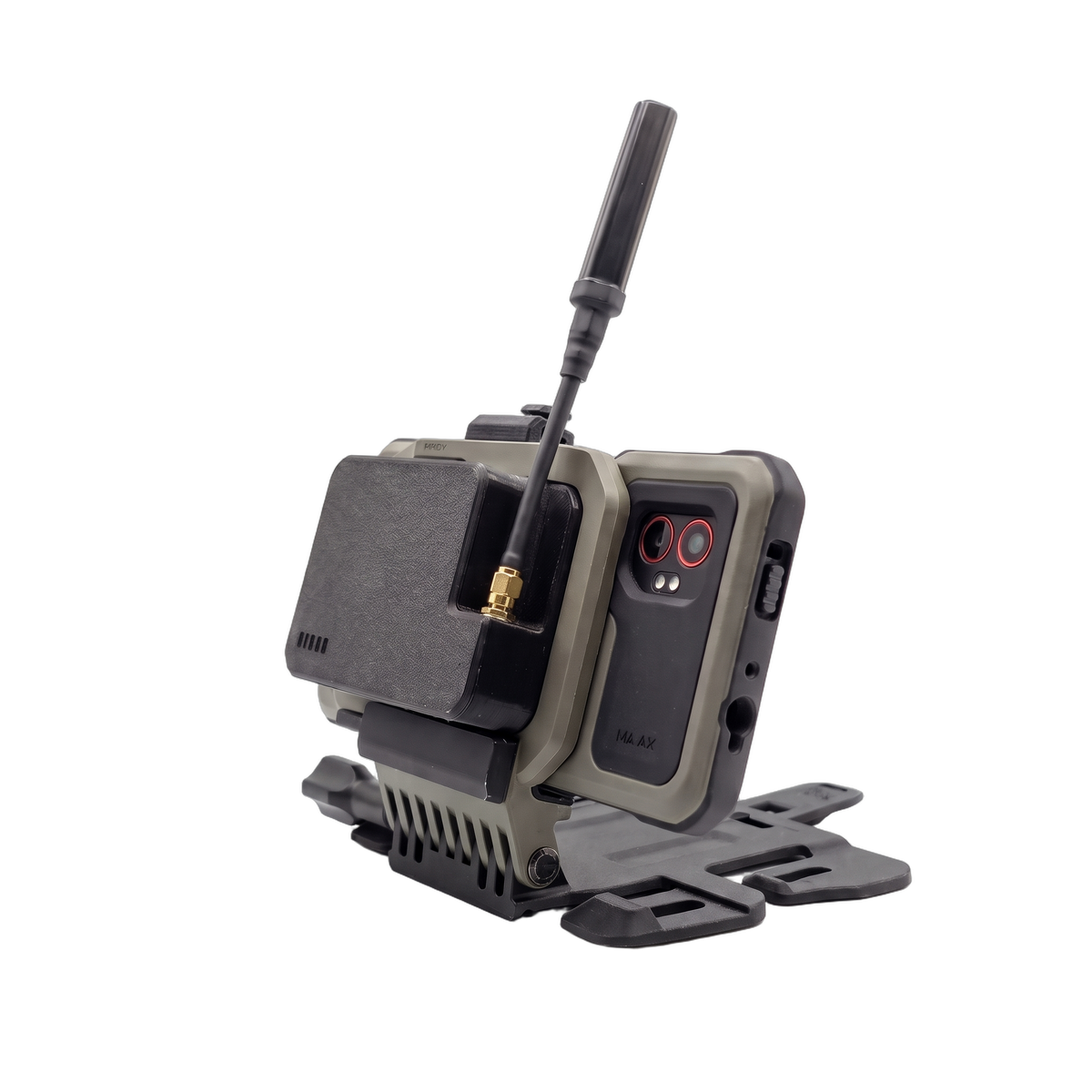 RIDAR-FM attached to EUD with folding mount — three-quarter view