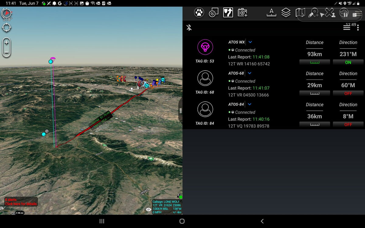 ATOS tags shown on the ATAK map with range and bearing