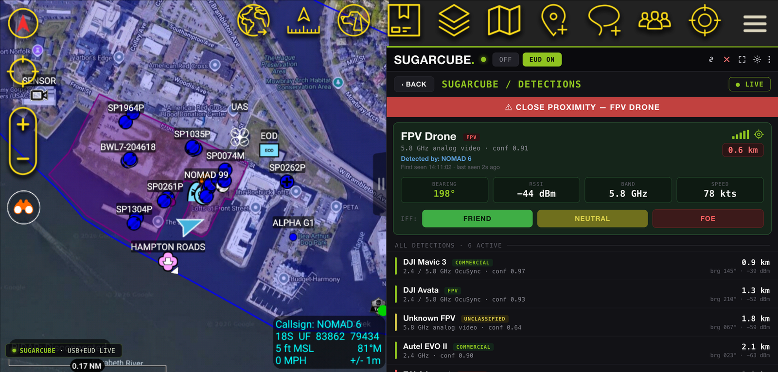 Sugarcube 6 detections panel running inside ATAK