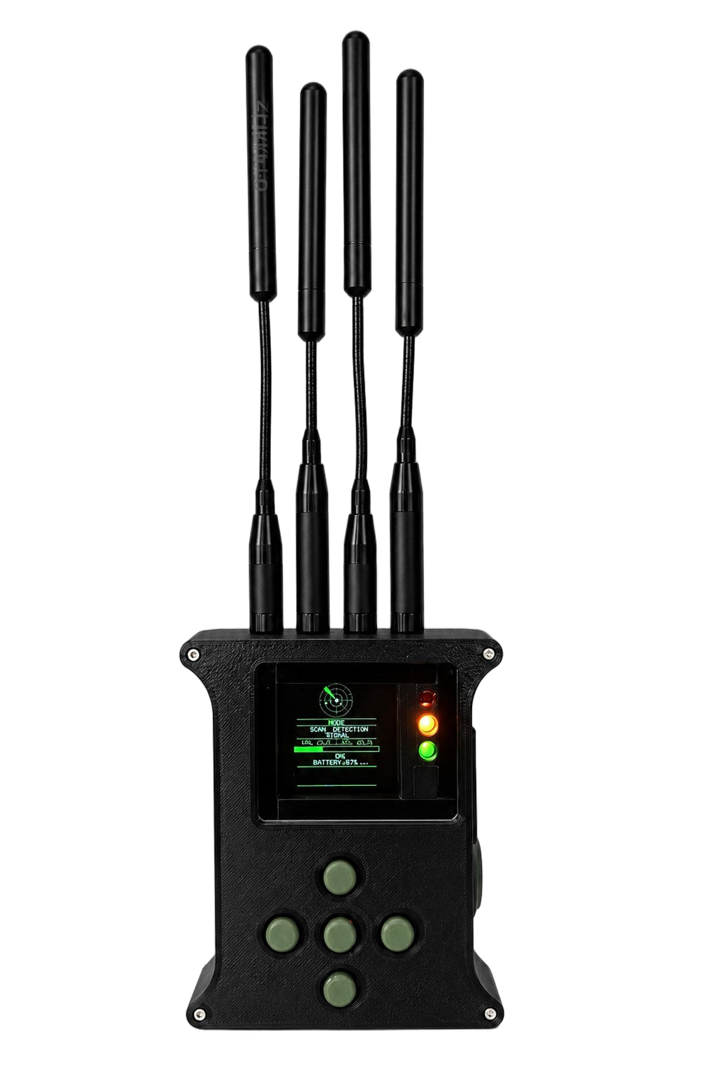 Sugarcube 6 FPV drone detector, front view with the display live — scan mode, signal strength, battery, and the red/amber/green threat indicator lit