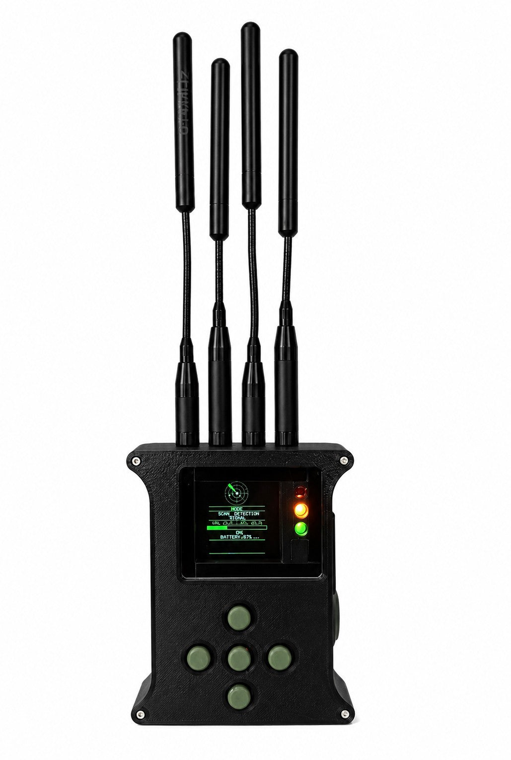 Sugarcube 6 FPV drone detector, front view with the display live — scan mode, signal strength, battery, and the red/amber/green threat indicator lit