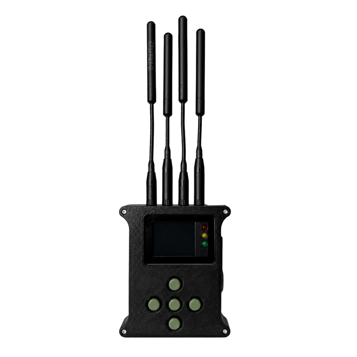 Sugarcube 6 FPV drone detector — front view on a transparent background, black textured MJF housing, five-button keypad and four band-labelled antennas