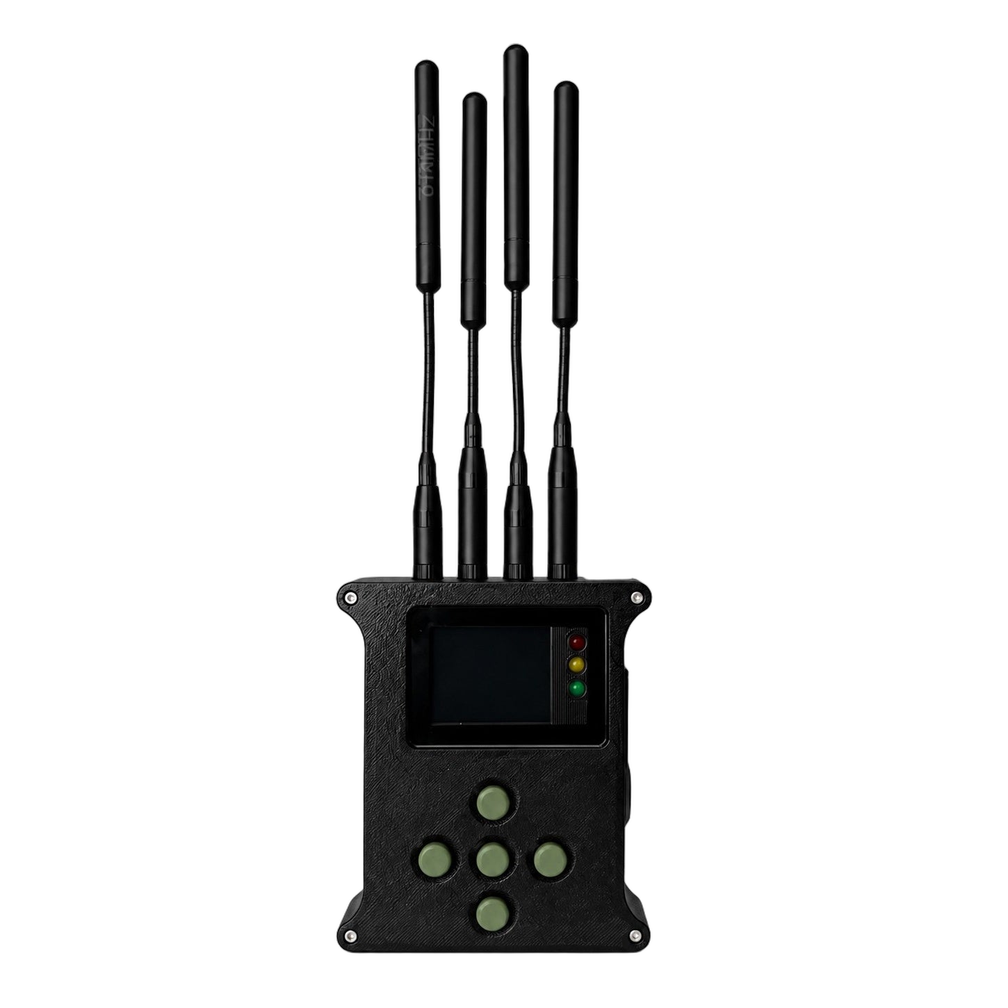 Sugarcube 6 FPV drone detector — front view on a transparent background, black textured MJF housing, five-button keypad and four band-labelled antennas