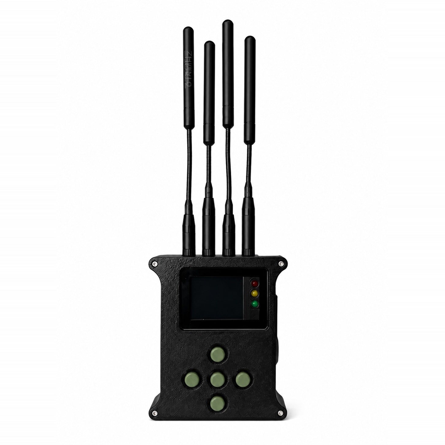 Sugarcube 6 FPV drone detector — front view, black textured MJF housing, five-button keypad and four band-labelled antennas