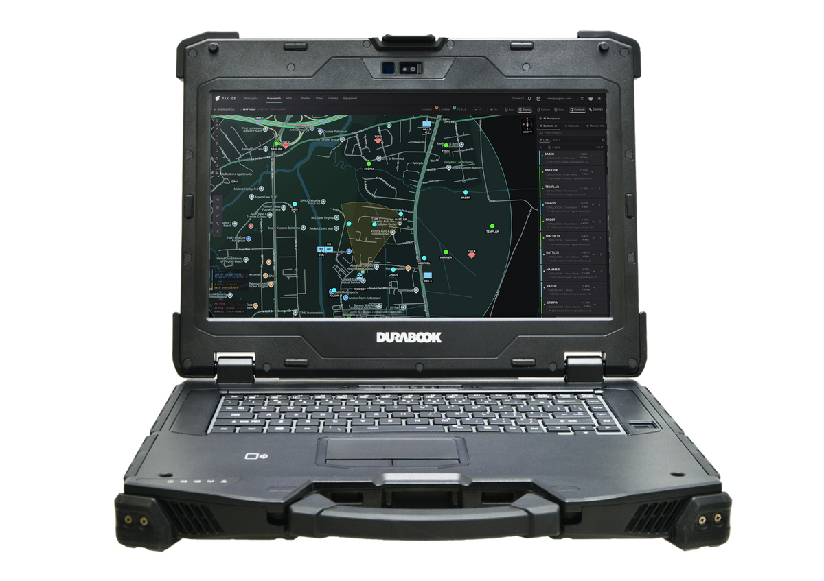 SYNAPSE-P rugged laptop running TAK OS — 2D operations map with objectives, targets, and live team contacts