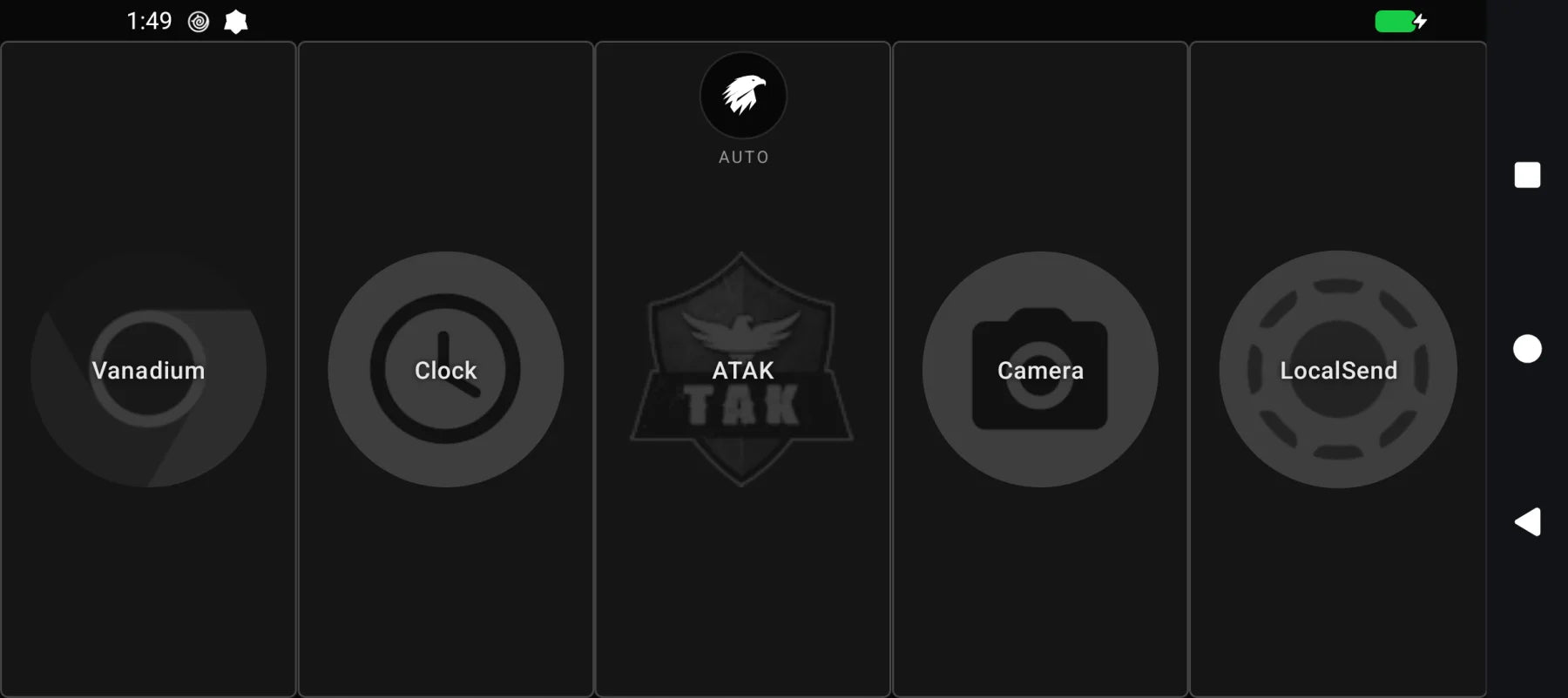 GoTAK Launcher home screen in day mode — ATAK centered between Vanadium, Clock, Camera and LocalSend