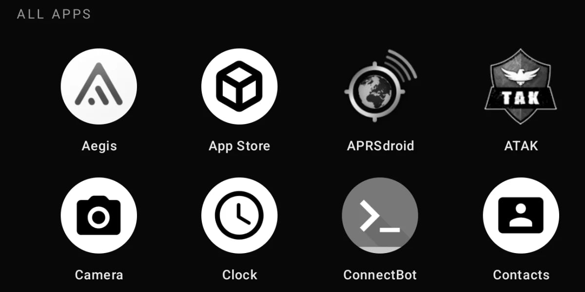 App drawer showing the tactical app set: ATAK, TAK Stack, Aegis, APRSdroid, Auditor, ConnectBot and more, with a search field