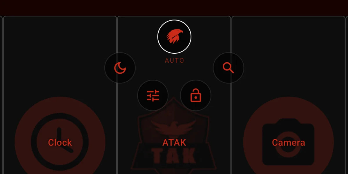 Quick-action ring open in night mode: night toggle, search, settings and lock around the AUTO hawk