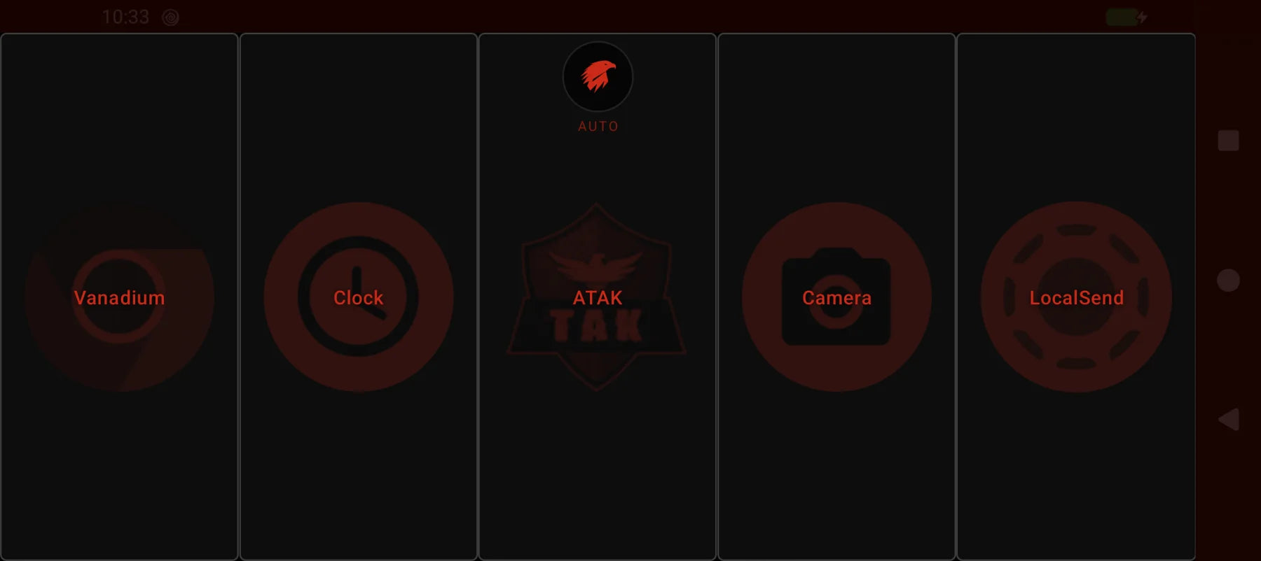 The GoTAK Launcher in night mode, the whole interface red