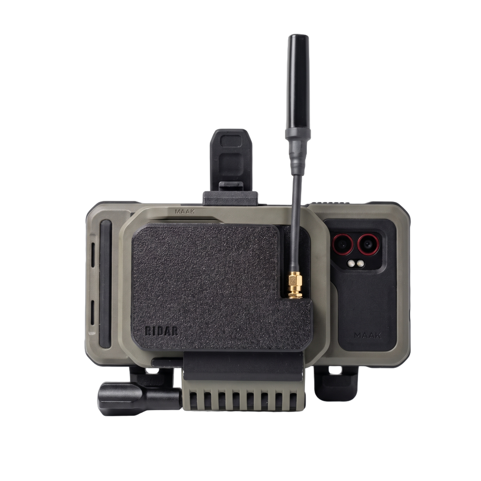 RIDAR-FM attached to an EUD in a MAAK case and mount on a white studio background