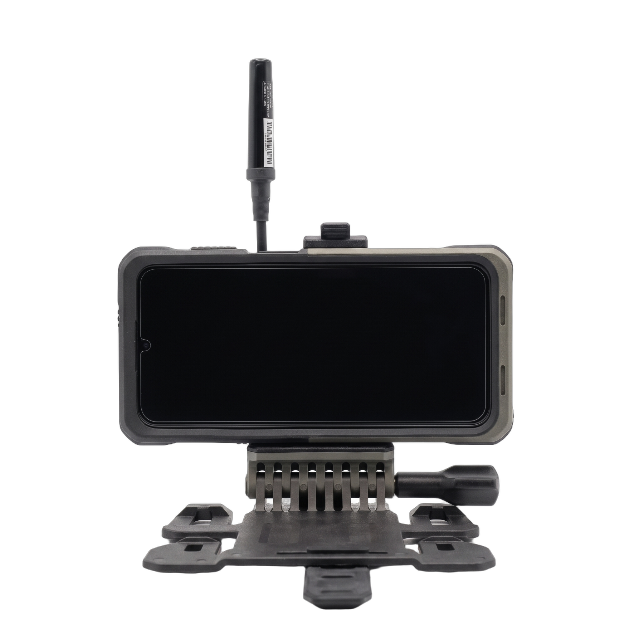 Front view of RIDAR-FM antenna, rugged EUD and folding mount with screen off
