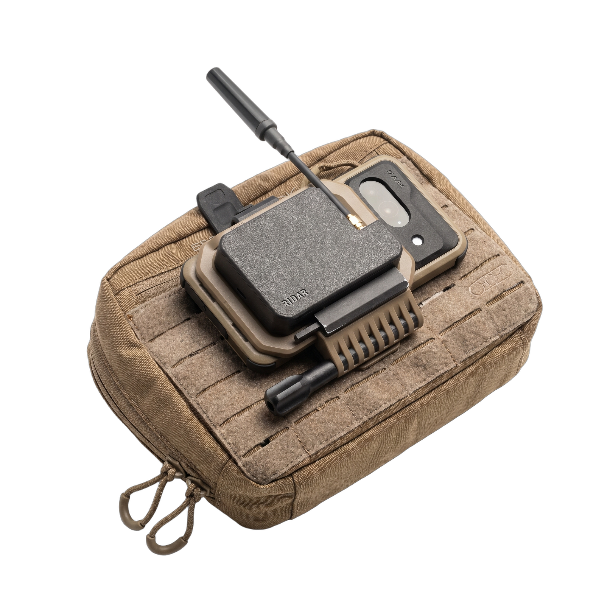 RIDAR-FM attached to an EUD and tan tactical pouch on a white studio background