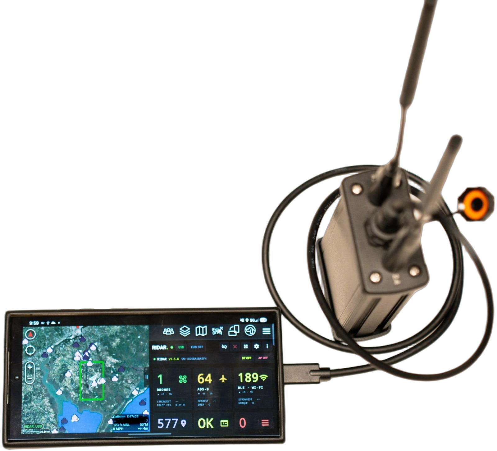 RIDAR-U connected to an EUD showing the RIDAR ATAK map and dashboard