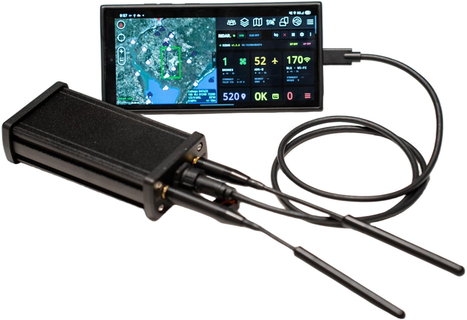 RIDAR-U receiver and antennas connected to an EUD displaying the RIDAR ATAK dashboard