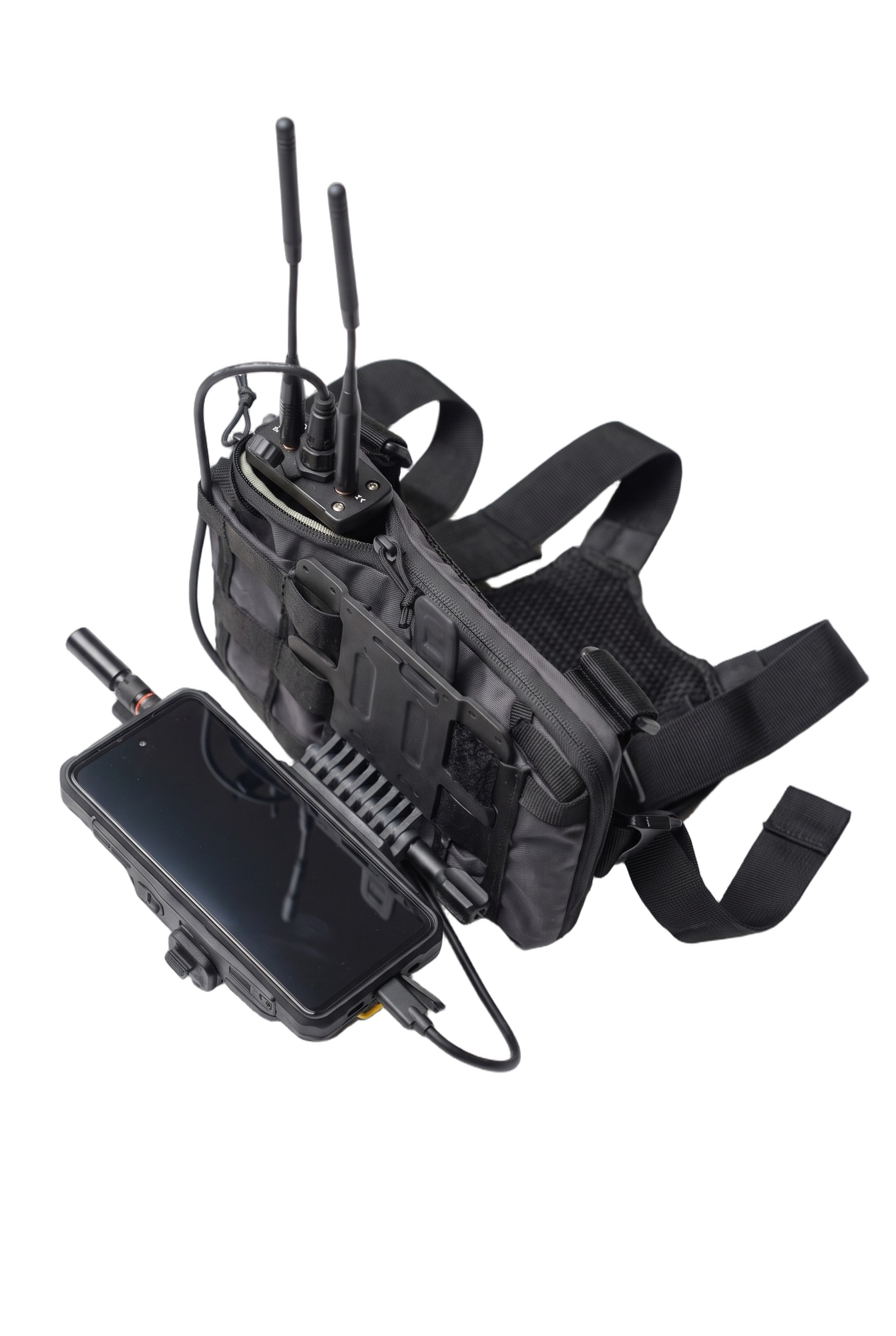 Full RIDAR-U chest pack setup with receiver, antennas, attached EUD and cable surrounded by white