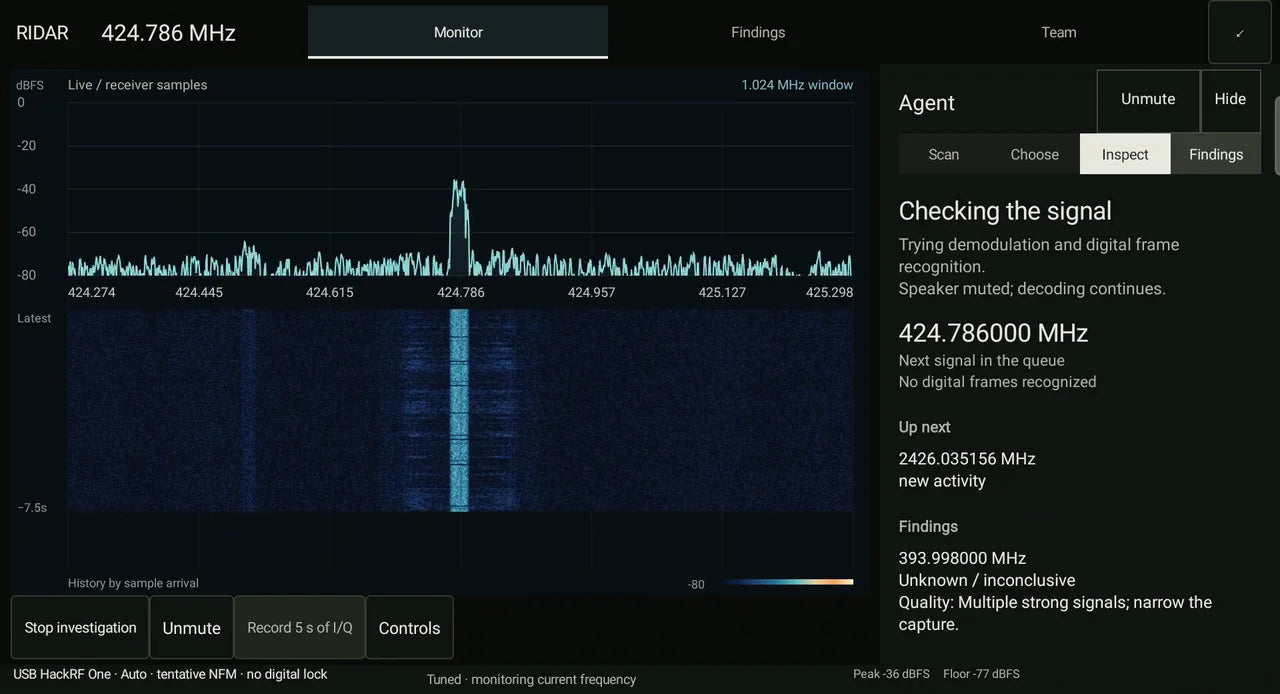 Real SPECTRUM app showing a spectrum trace and the local investigation panel
