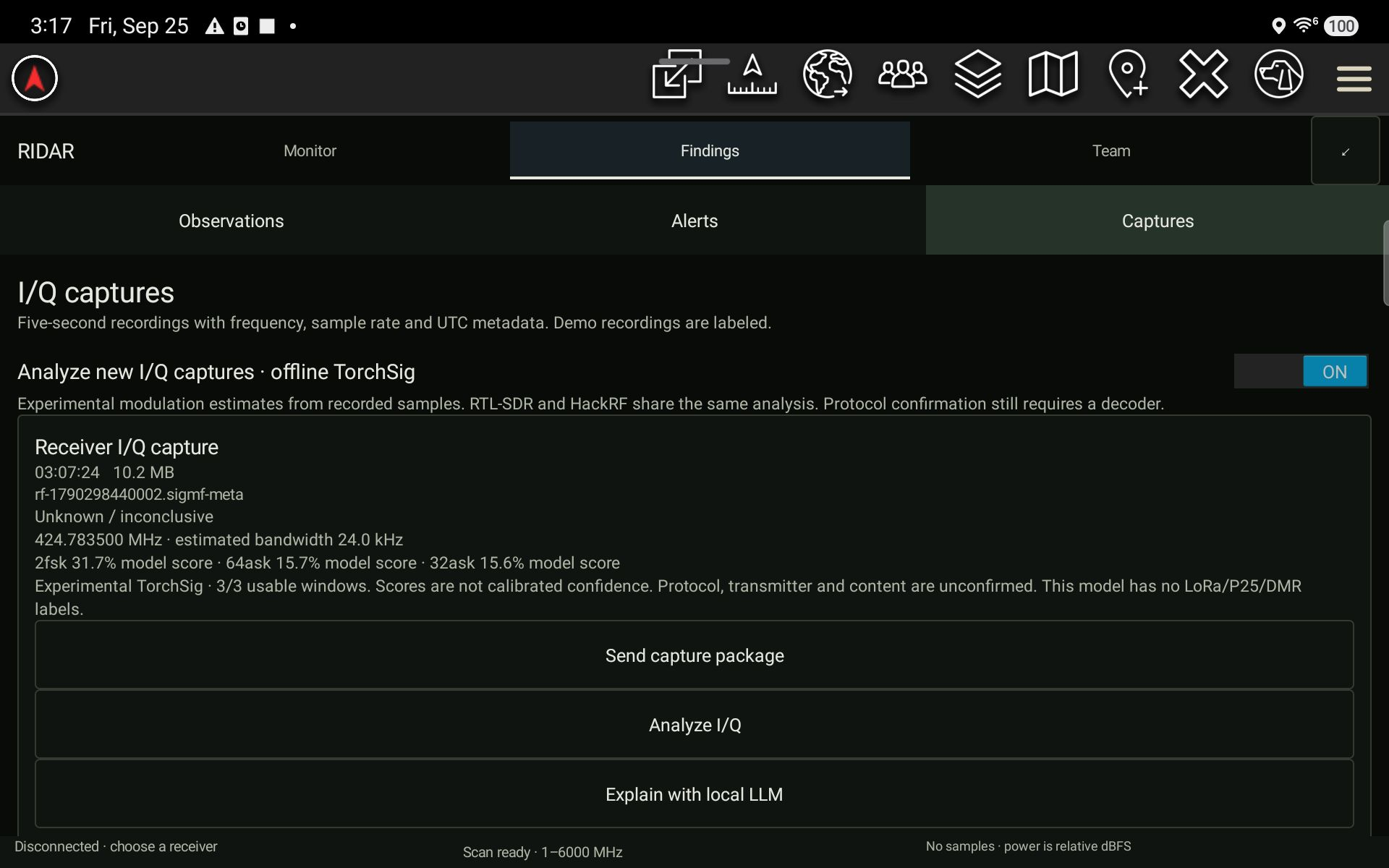 Saved I/Q captures in the SPECTRUM app on a Samsung tablet