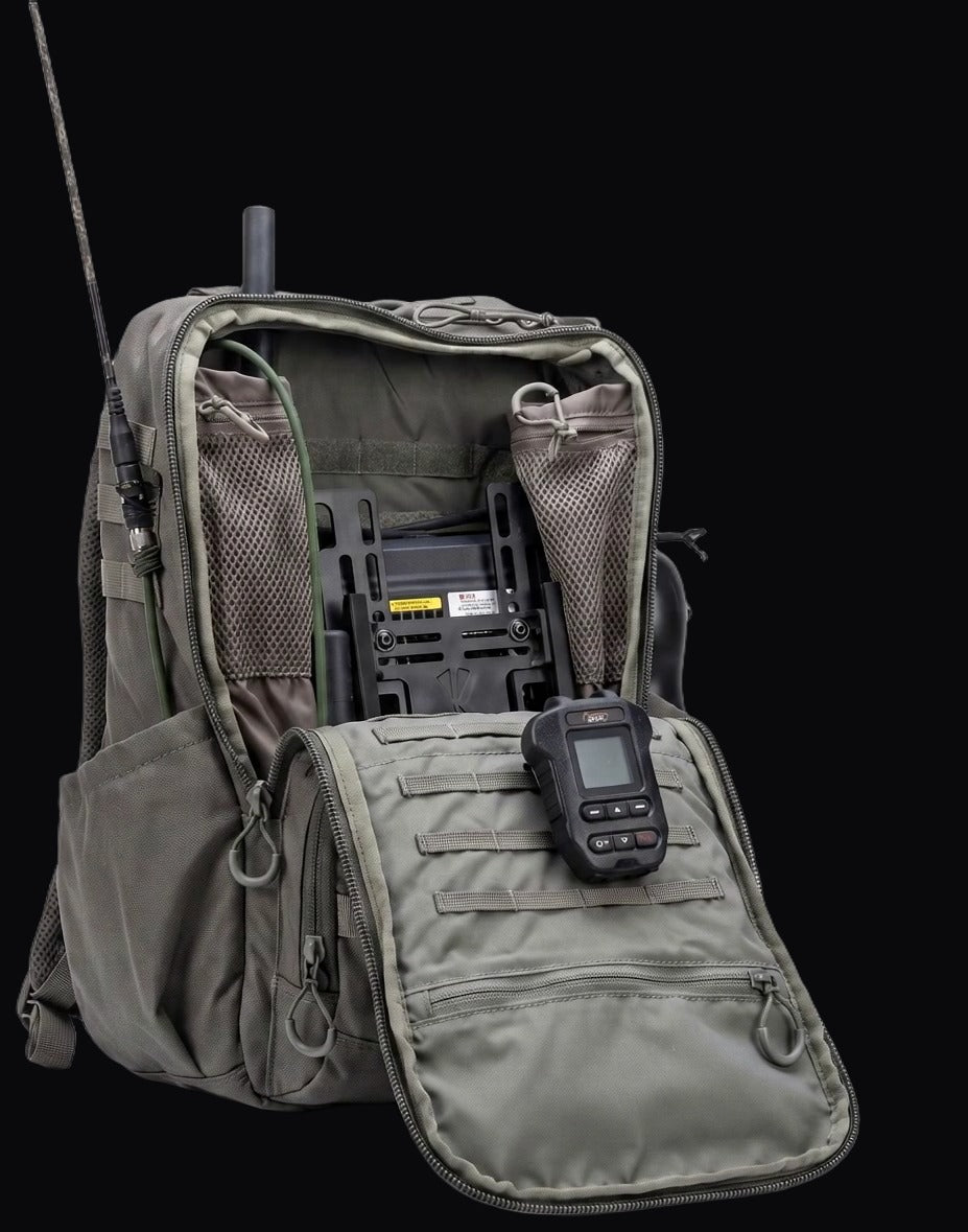 GoTAK RADIO MANPACK — the Eberlstock ruck fully open, BTECH UV-50PRO cross-band repeater mounted and wired inside